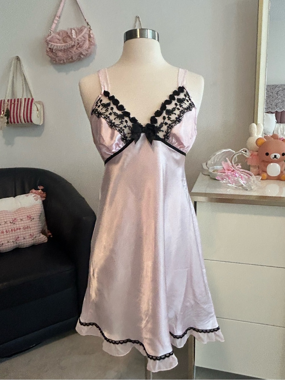 Vintage Linea Donatella Satin Lace Trim Slip Nightgown in Light Pink Black